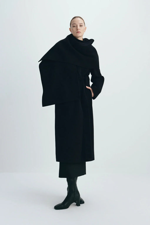Wool & Cashmere Blend Grand Scarf Coat in Black | Rue Sophie