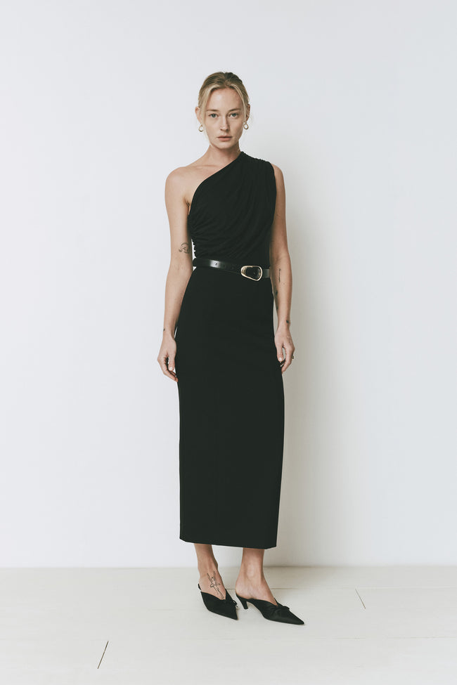 Black one-shoulder Perle Bodysuit with belt detail