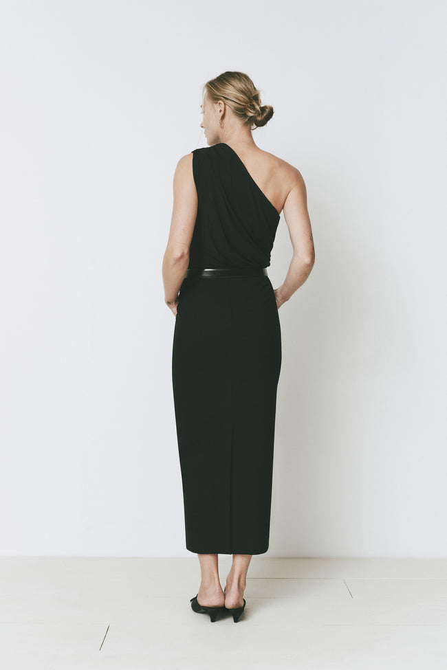 Black one shoulder bodysuit with ruched draping detail by Rue Sophie