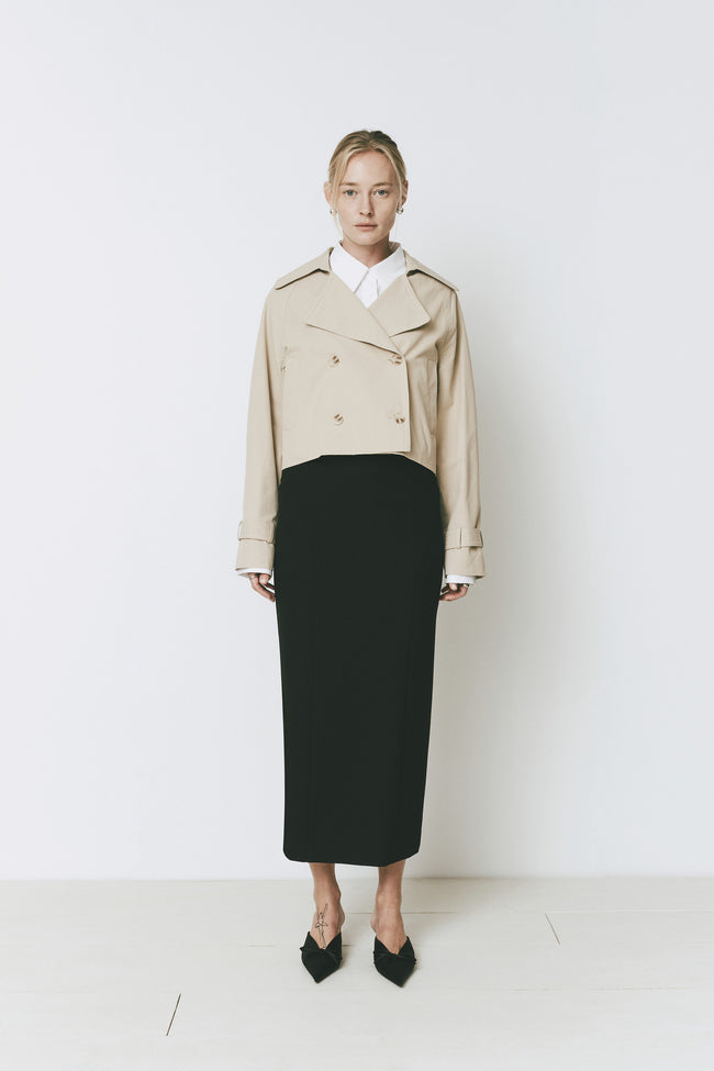 Honoré Cropped Trench Coat in beige with black skirt - modern women's fashion