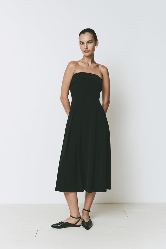 Belle Dress, a strapless A-line midi dress in black, Rue Sophie