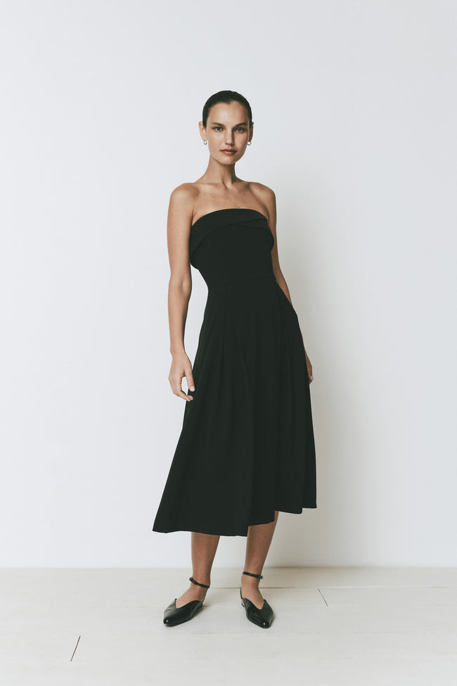 Belle Dress: Black strapless A-line midi dress, Rue Sophie, elegant and timeless design.
