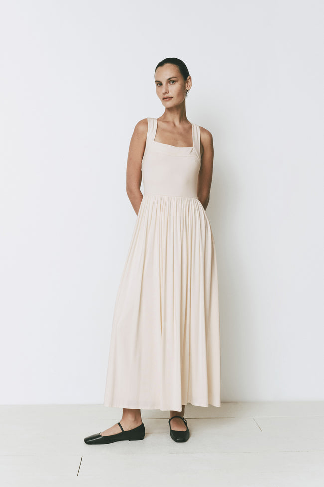 Nouveau Dress in cream color with thick straps and square neckline, a midi length dress, Rue Sophie