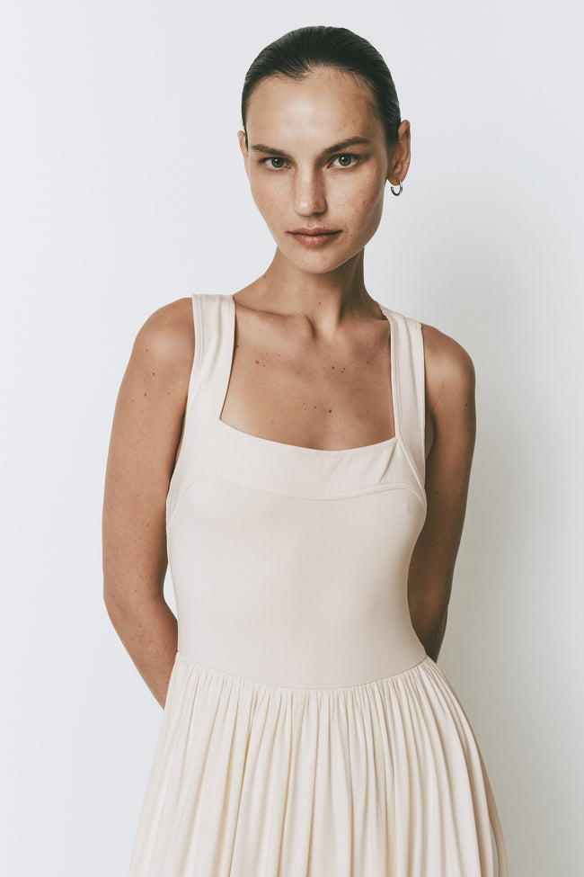 Cream Nouveau Dress with square neckline and thick straps - Rue Sophie