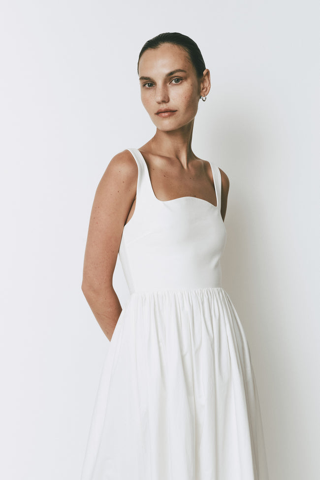 Mirabel Dress, white midi dress with square neckline, fit-and-flare silhouette