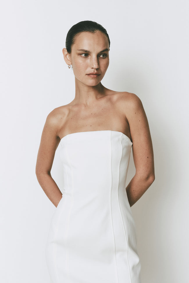 Ophelia Mini Dress, strapless white mini dress with an hourglass fit, women's fashion