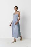 Soft blue drop waist midi dress with square neckline