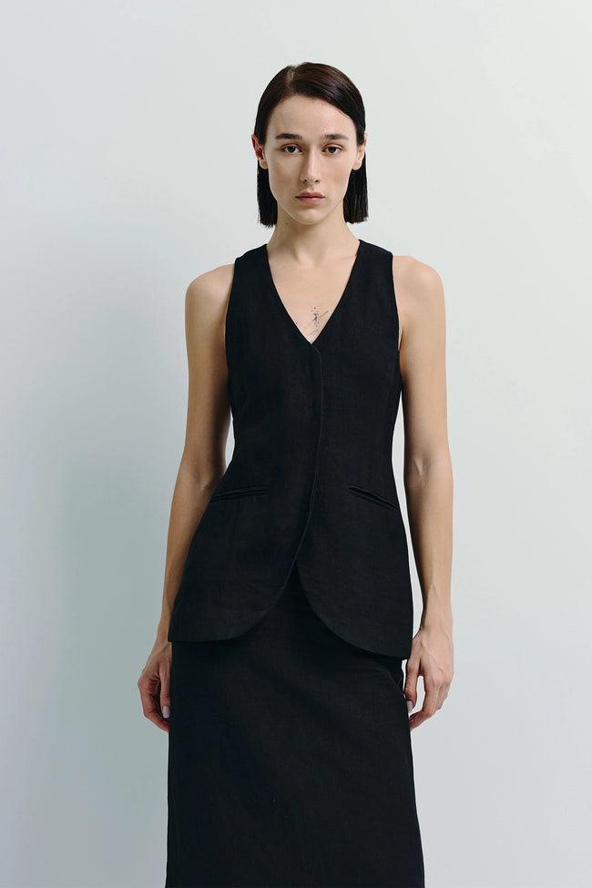 Adan Linen Vest in Black, Rue Sophie, lightweight linen-viscose blend, tailored fit, paired with matching skirt, modern look