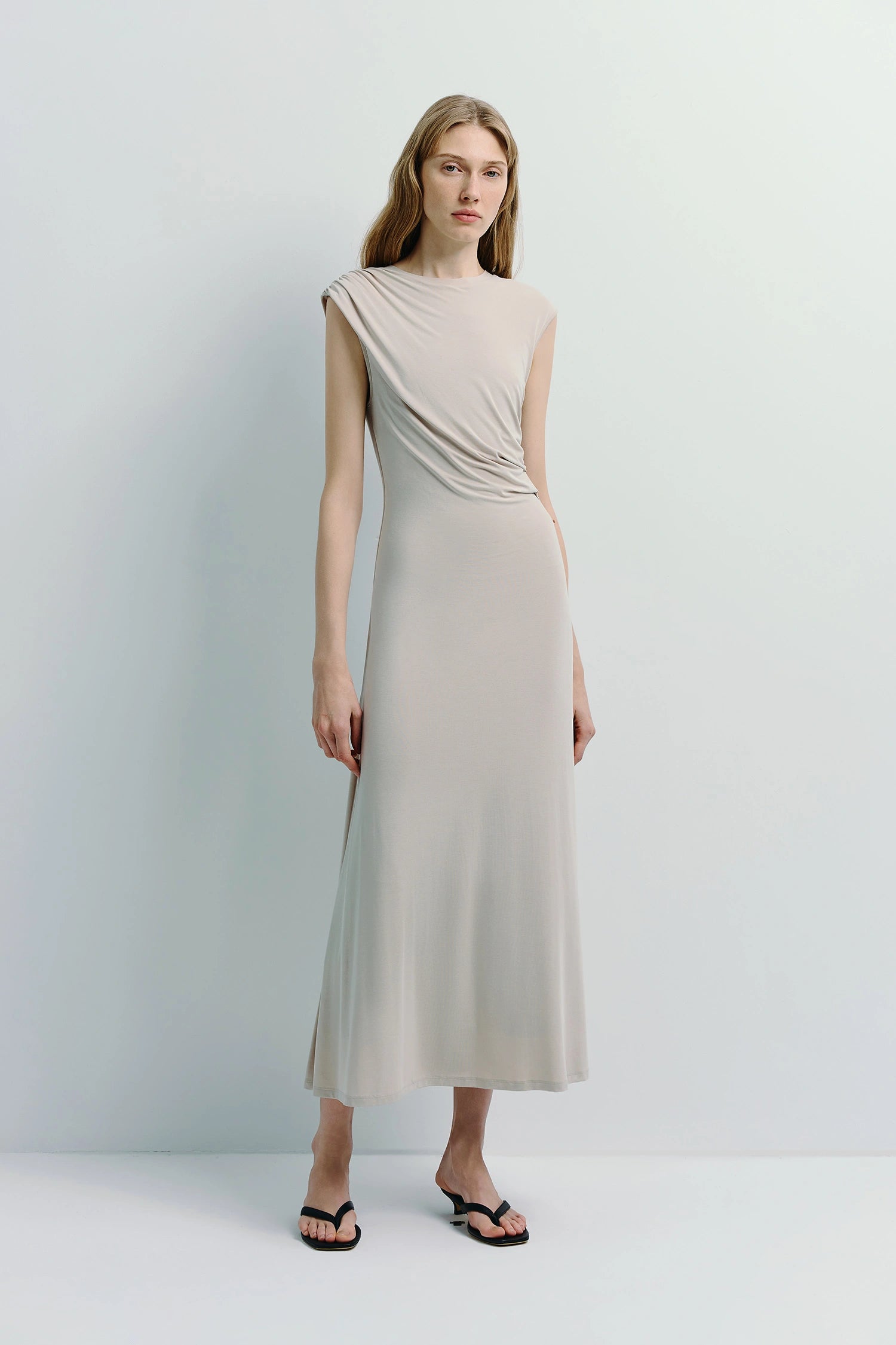 Gianna Cupro Midi Dress | Soft Modal-Nylon Blend & Shirred Details | Relaxed Elegance