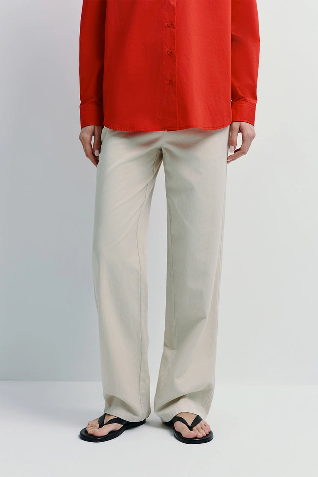 Beige Metis Straight Leg Pants with red shirt, relaxed fit, cotton-lyocell blend