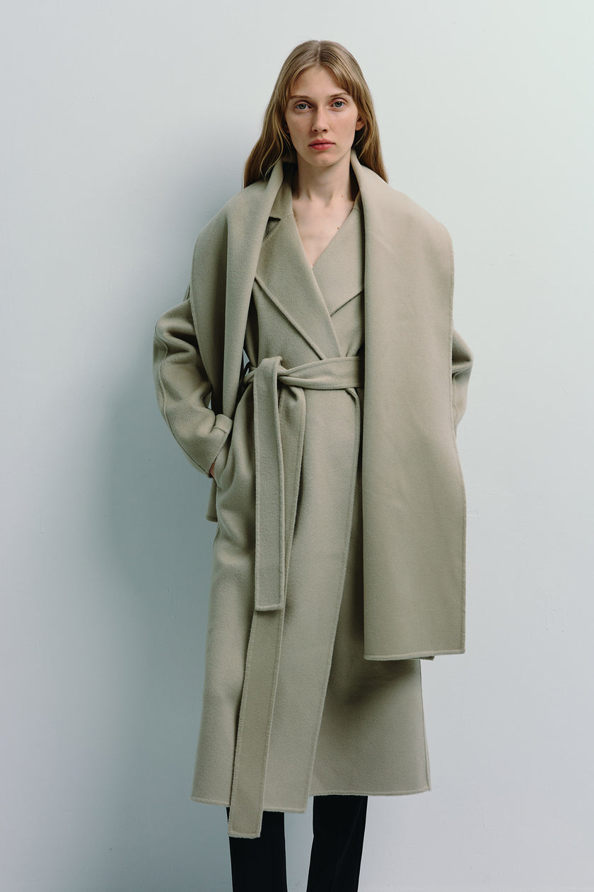 Beige wool-cashmere Grand Scarf Coat with detachable scarf, oversized fit, by Rue Sophie