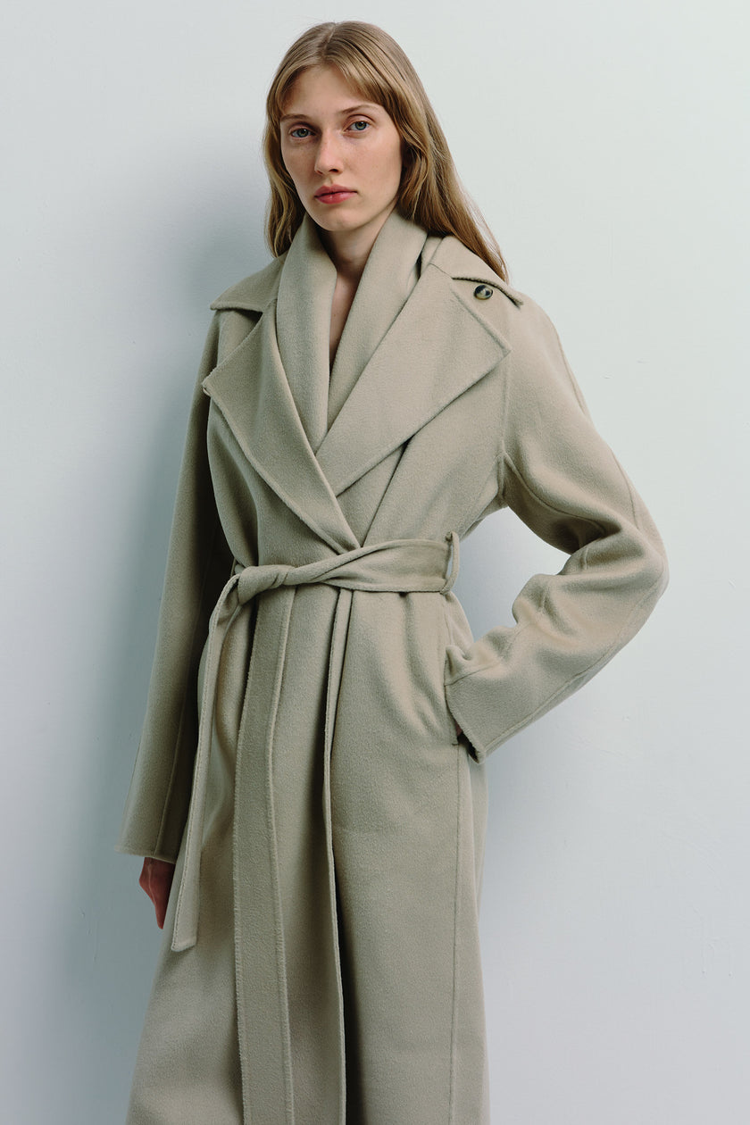 Beige wool-cashmere Grand Scarf Coat with a belt, oversized fit, perfect for the fall and winter seasons