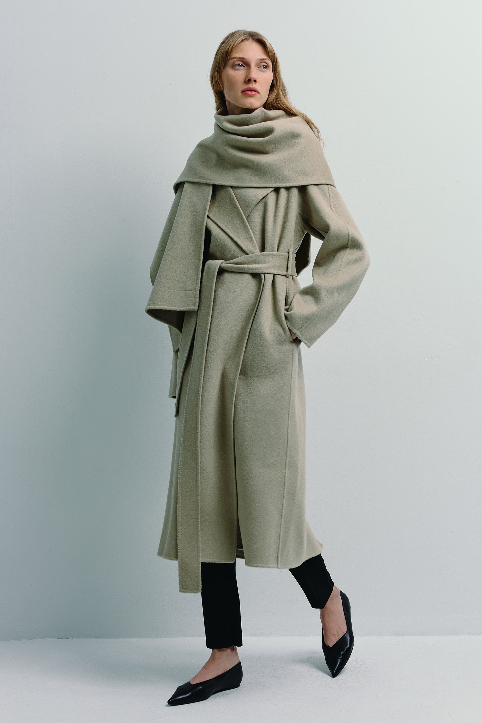 Beige wool-cashmere Grand Scarf Coat with detachable scarf by Rue Sophie