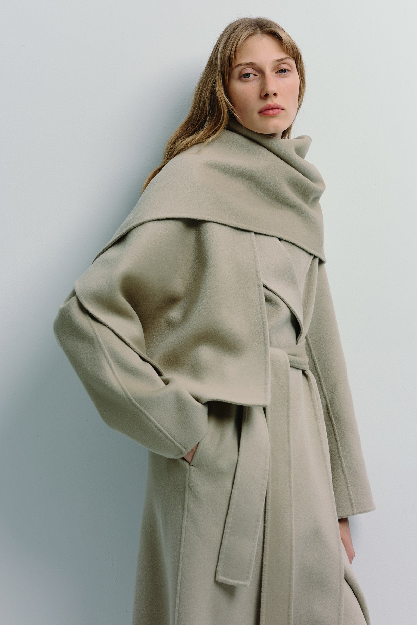 Beige wool-cashmere Grand Scarf Coat with detachable scarf, oversized fit