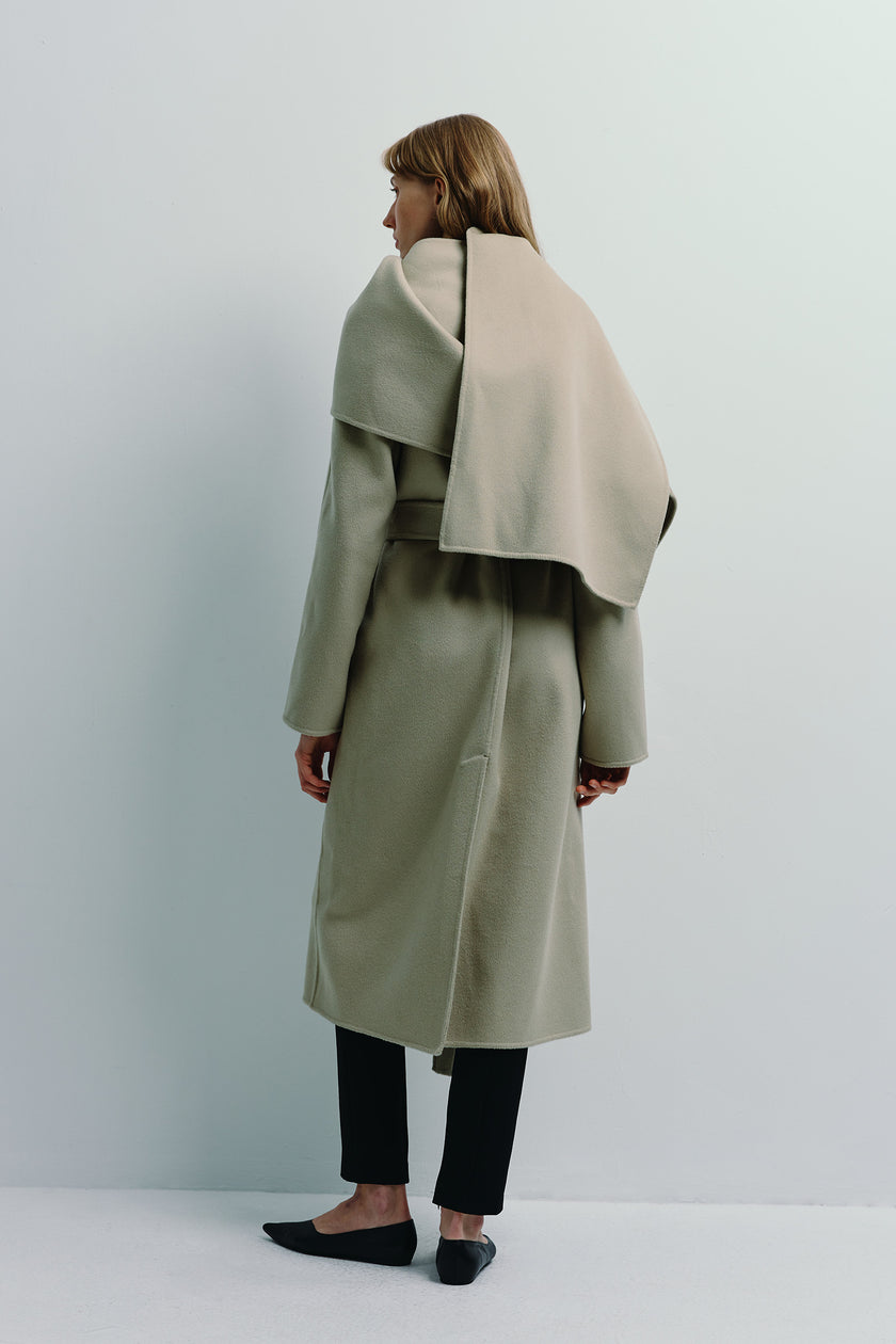 Beige wool-cashmere Grand Scarf Coat with detachable scarf, oversized fit, by Rue Sophie