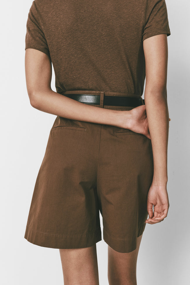 Brown Antibes Short with belt, mid-thigh length, Rue Sophie.