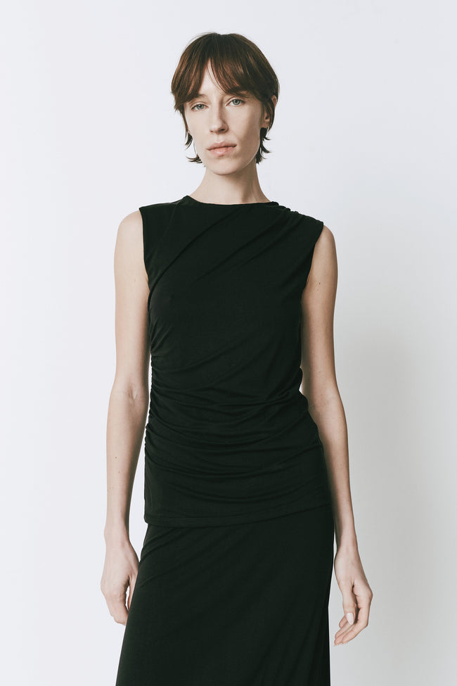 Alizé Modal Knit Top - Black modal top with flattering side-ruched design. Ideal for transitional dressing from Ruesophie.