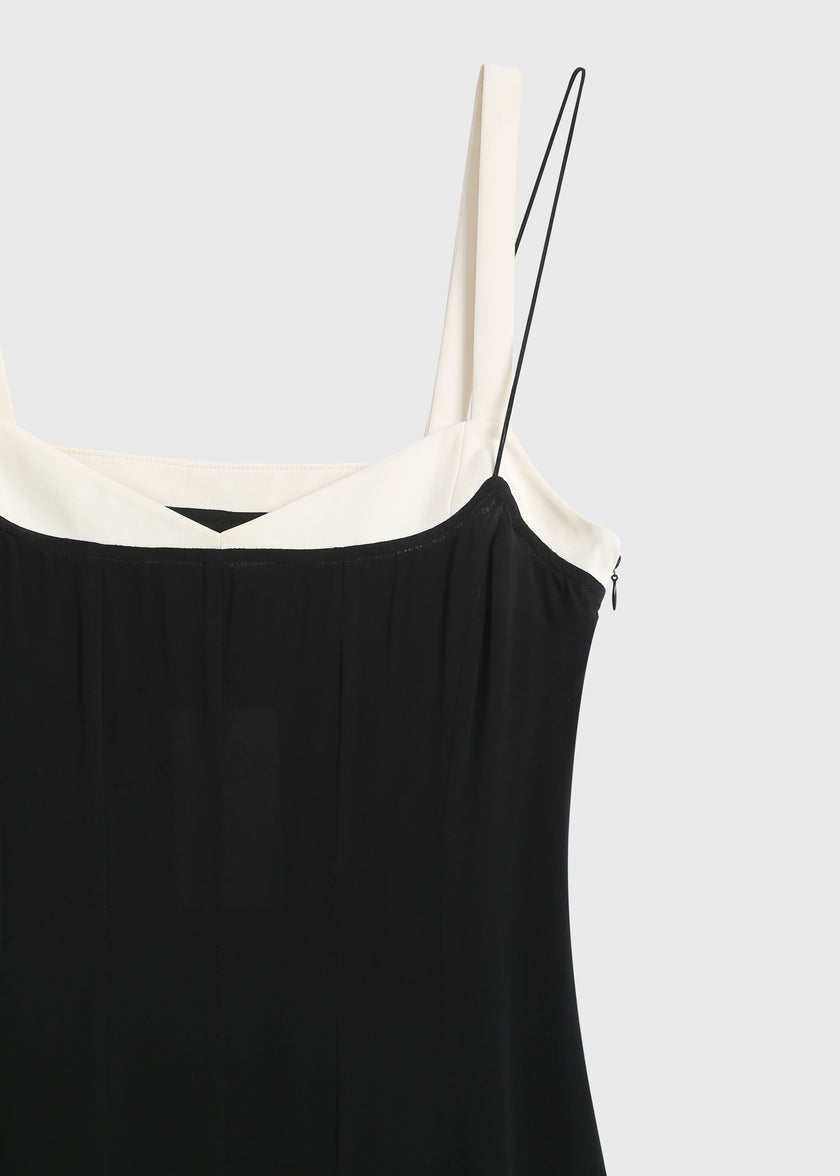 Ambroise Cami Dress in black viscose with ivory straps and neckline, elegant midi dress.