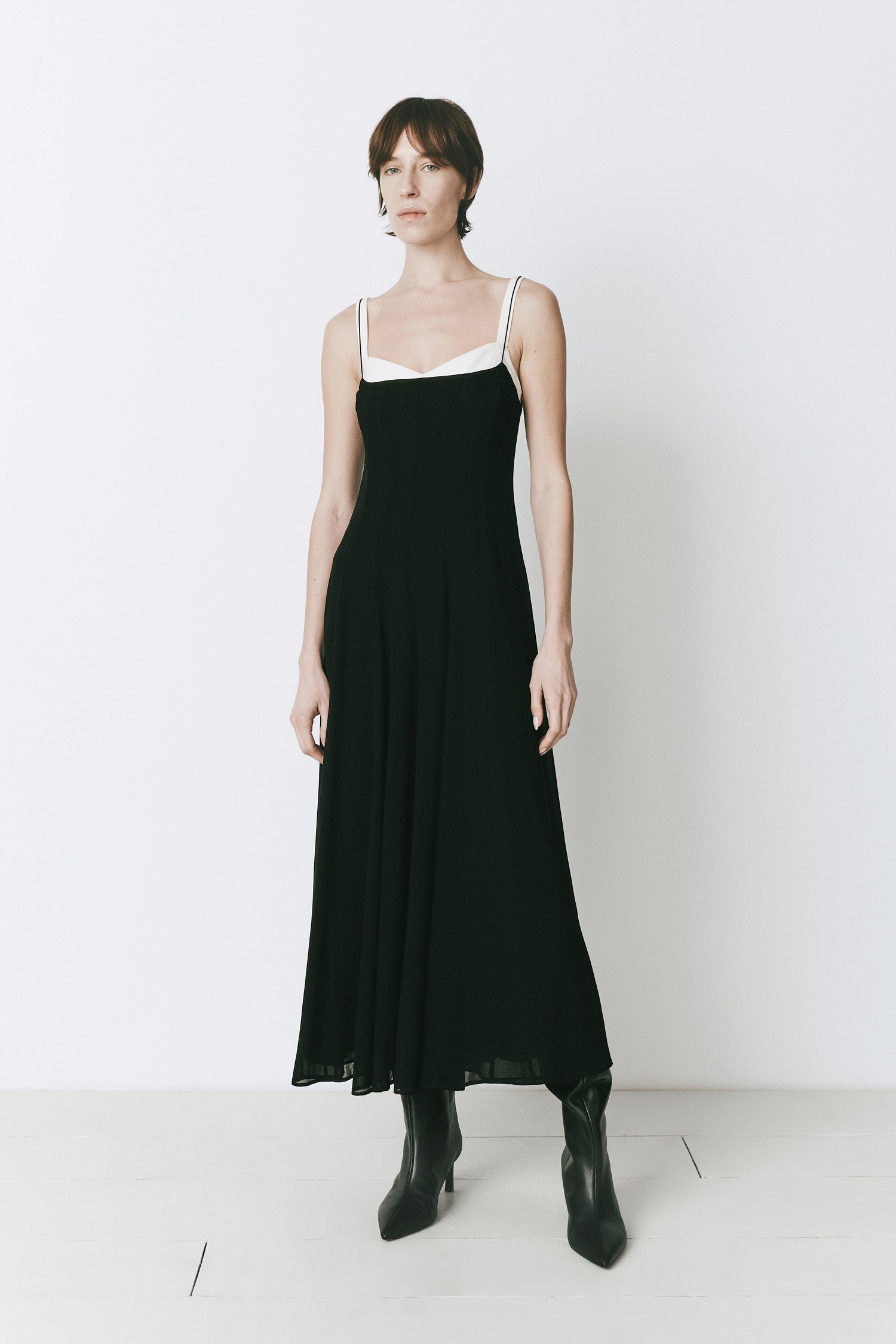 Ambroise Cami Dress, black viscose midi dress with white neckline and black boots