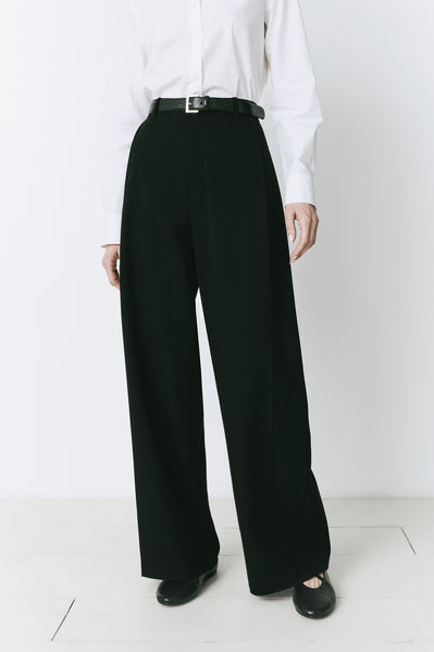 André Wide Leg Pant: Black wool blend pant with tailored fit and belt, perfect for work or evening wear.