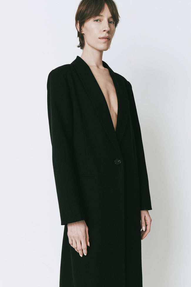 Augustin Deep Neck Coat in black wool-poly blend, midi-length, draped fit, Rue Sophie