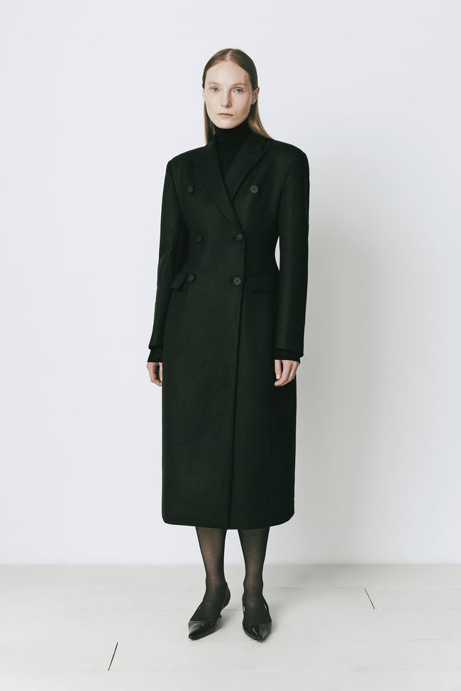 Black Bastille Double Breast Coat, wool-polyester blend, perfect for layering