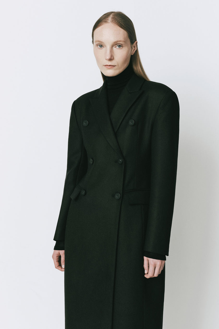 Black Bastille Double Breasted Coat, wool-polyester blend, structured silhouette for a modern, layering look