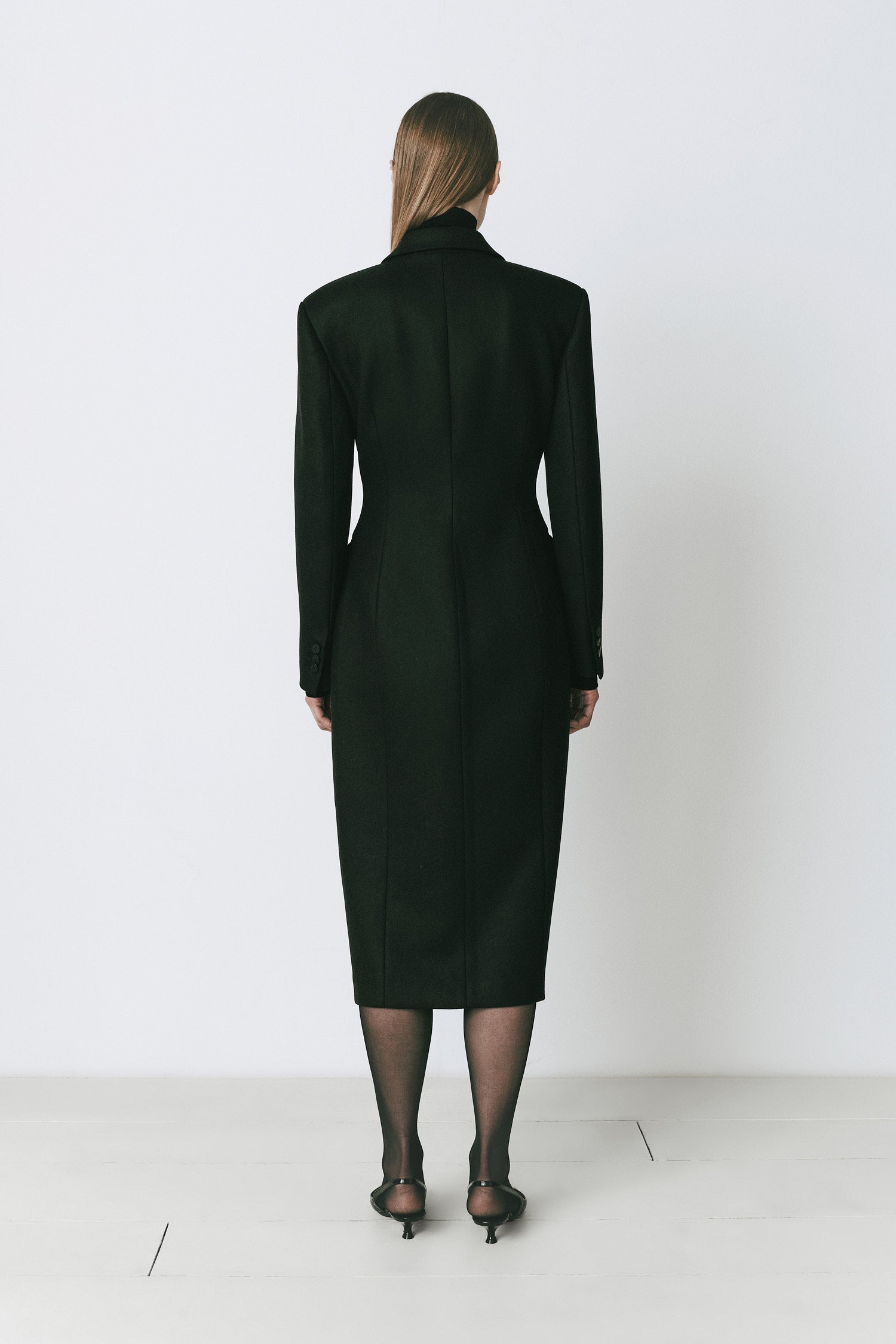 Bastille Double Breasted Coat in black wool blend, tailored hourglass silhouette