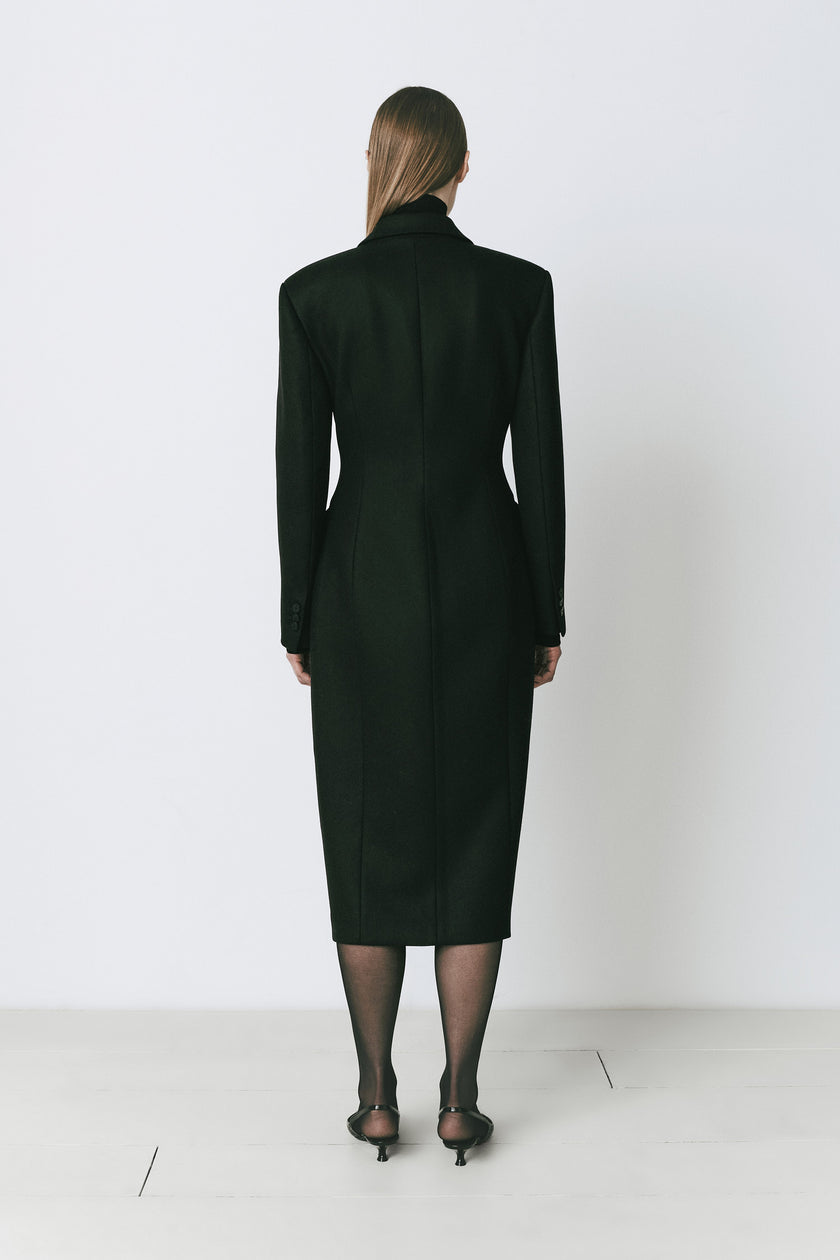 Bastille Double Breasted Coat in black wool blend, tailored hourglass silhouette