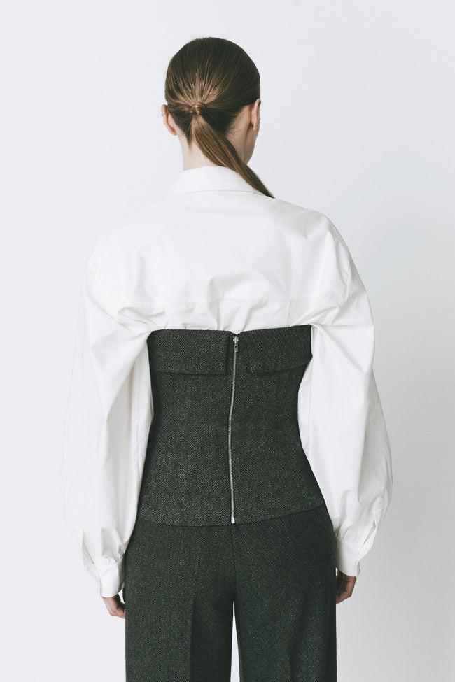 Concorde bustier top in Cinder herringbone wool blend, perfect for evening events