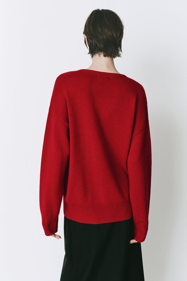 Coquelicot V Neck Sweater in rouge red wool-cashmere with a v-neck and loose fit, designed for effortless layering in fall.