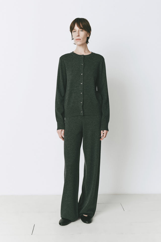 Women's Denis Button Front Cardigan and Pant Set in Topaz Wool-Cashmere, dark green