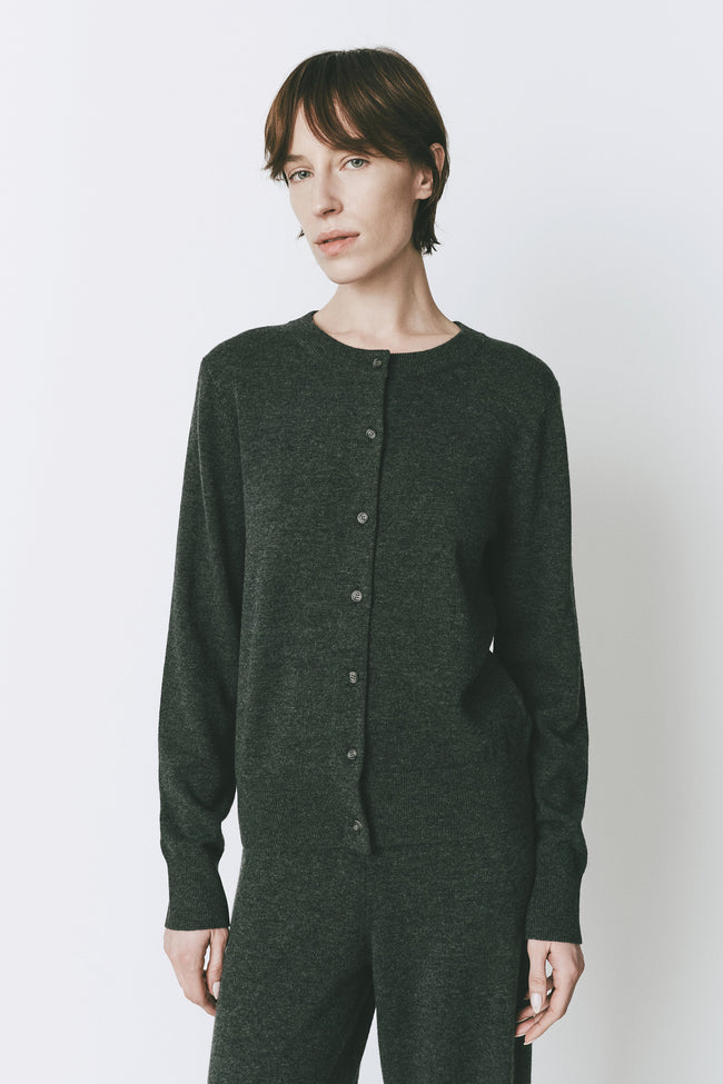 Denis Button Front Cardigan in Topaz wool-cashmere, women's dark green cardigan