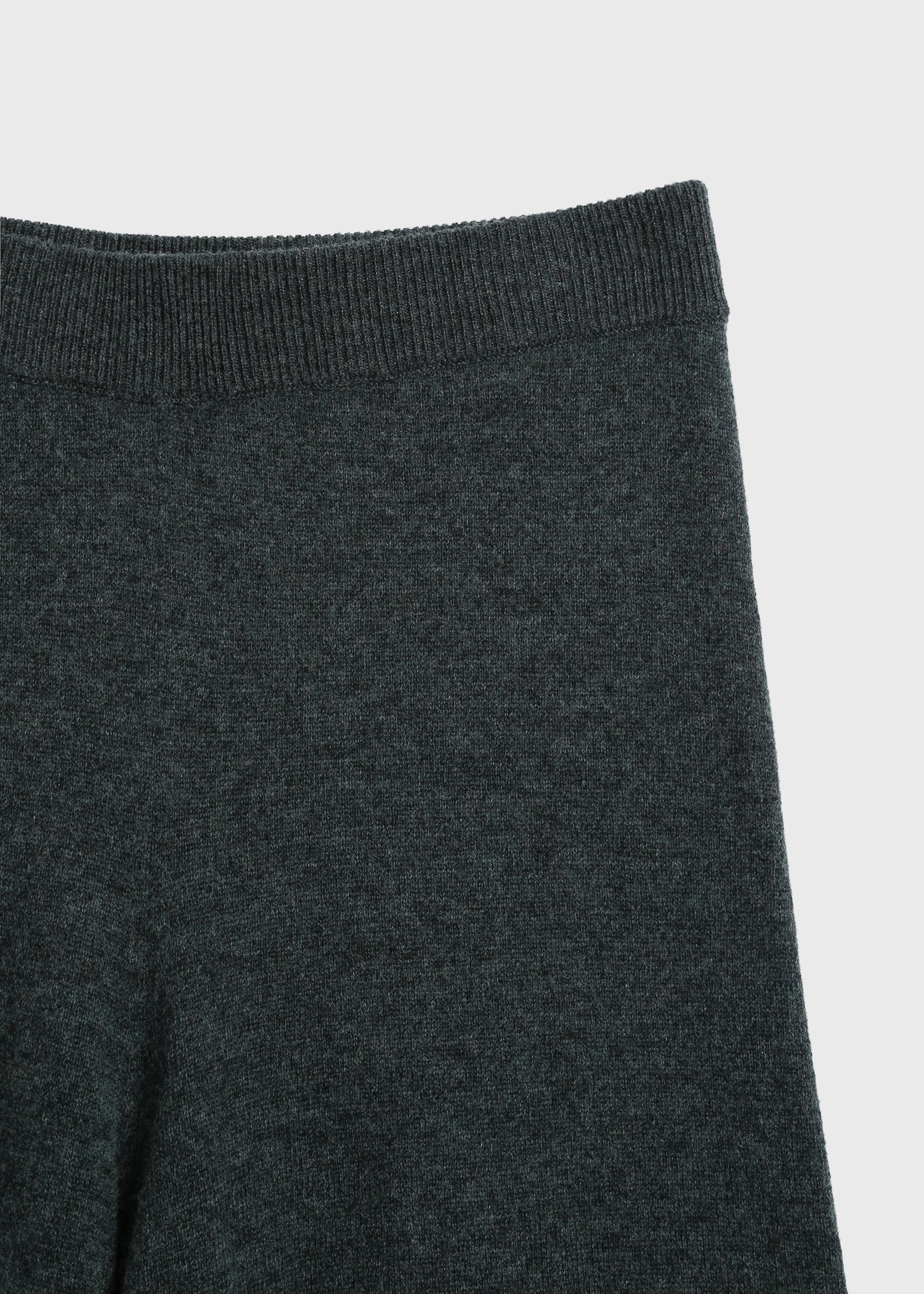 Close-up of Topaz Denis Wide Leg Sweater Pant in wool-cashmere, showcasing the knit texture and charcoal grey color.