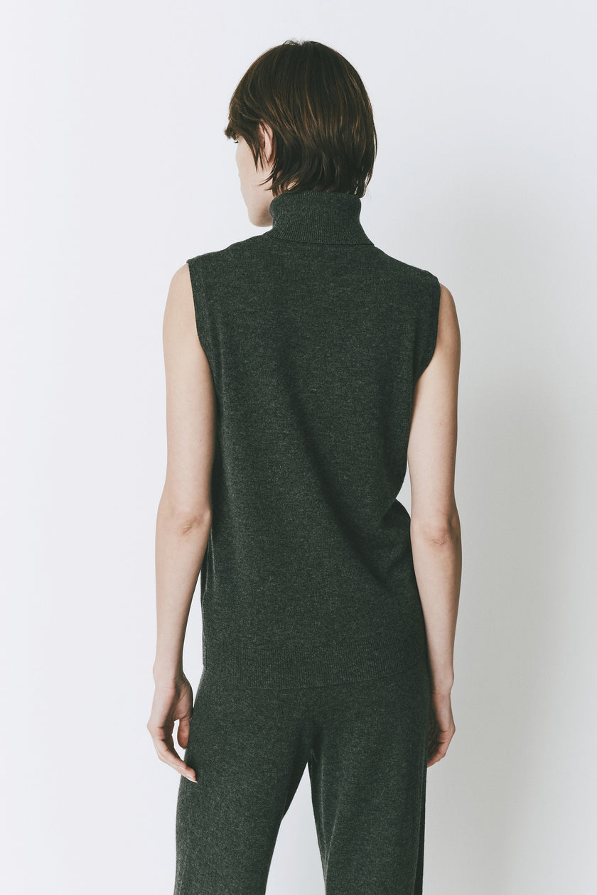 Denis S/L Topaz Turtleneck Knit Top in forest green, wool-cashmere blend, slim fit, sleeveless and paired with pants