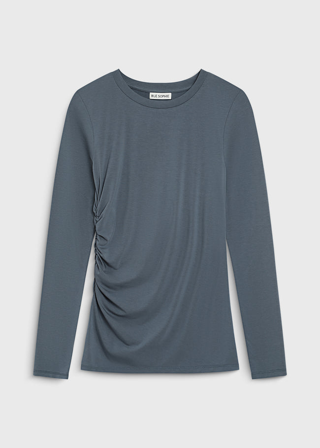 RUE SOPHIE Du-Jour Top in Topaz Blue with Side Ruching - Slim Fit