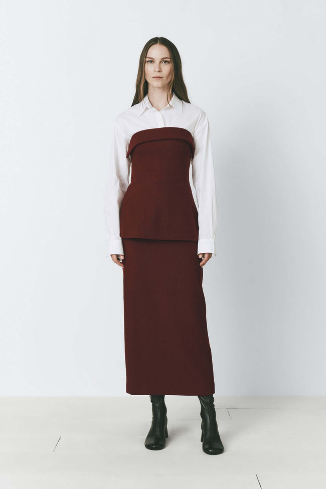 Burgundy wool blend foldover bandeau top with matching skirt and black boots, Rue Sophie.