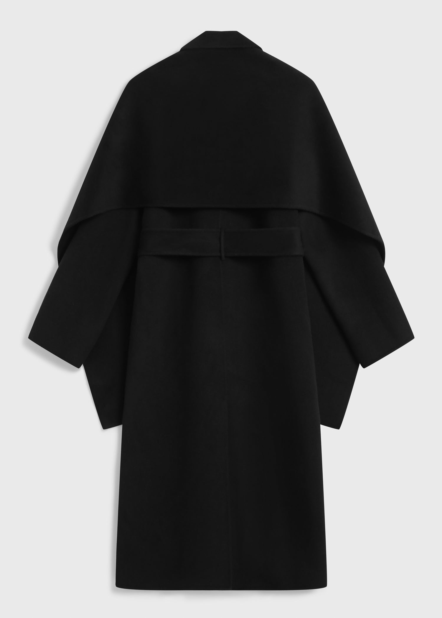 Black Grand Scarf Coat back view, oversized wool-cashmere outerwear with detachable scarf detail