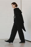 Rue Sophie Jardin black wool cashmere blend jacket, scarf detail, woman in elegant black attire