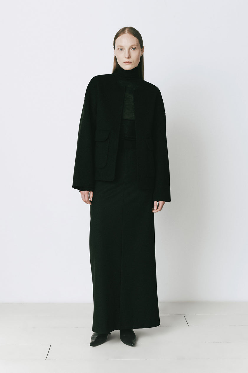 Rue Sophie Jardin black wool and cashmere blend jacket and skirt, minimalist modern fashion, elegant attire