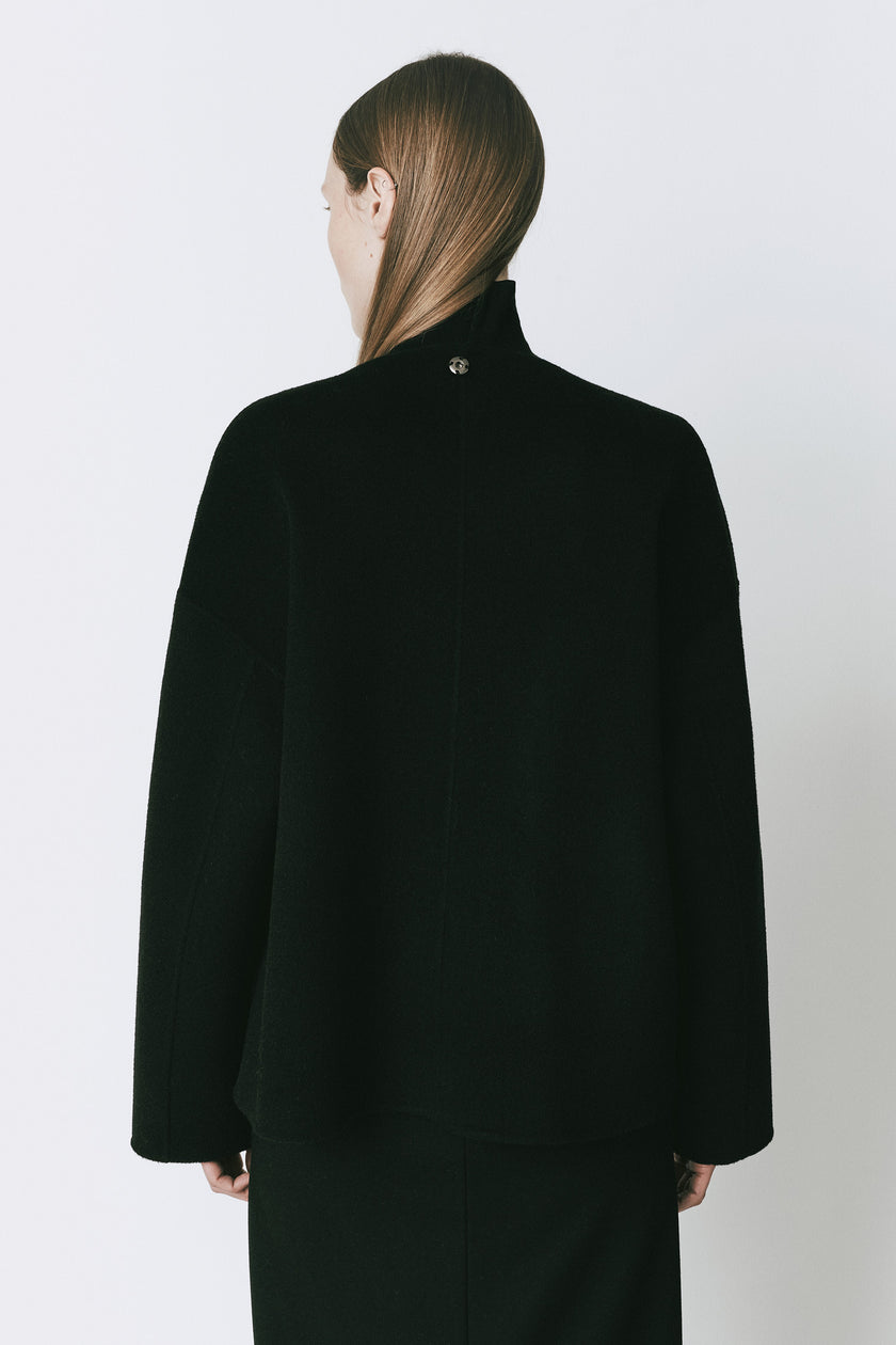 Rue Sophie Jardin black wool cashmere coat, back view, minimalist design, loose fit, detachable scarf detail