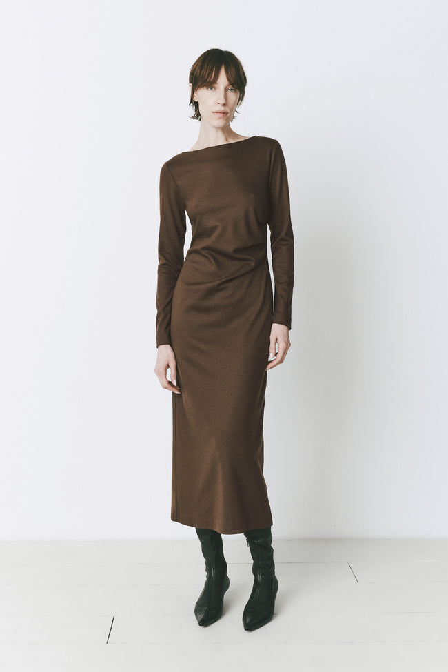 Lenoir Midi Dress in russet wool blend, minimalist design with boat neckline and long sleeves, perfect for cool seasons