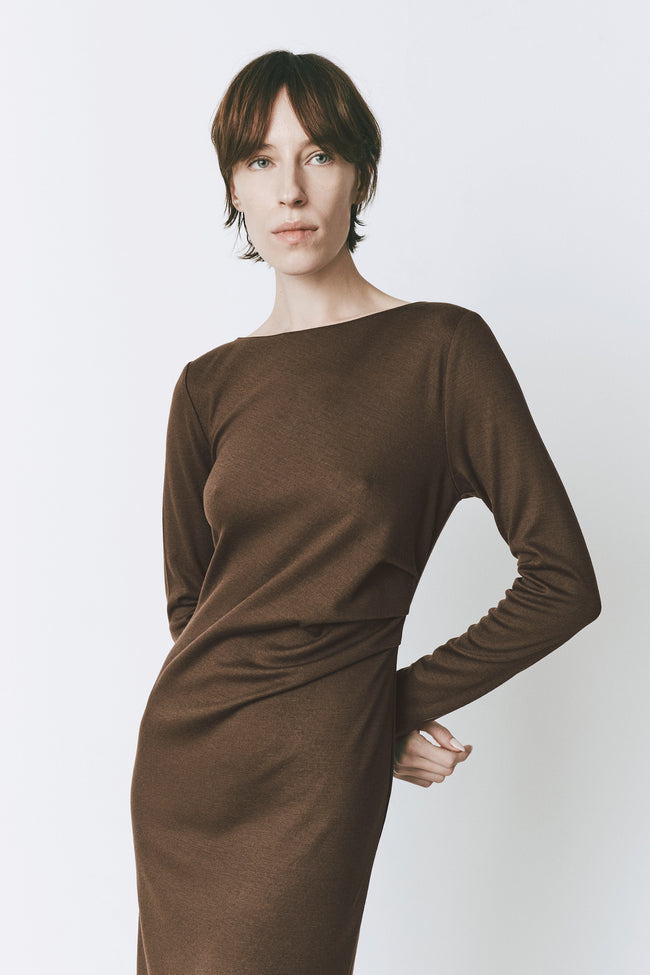 Russet brown Lenoir Midi Dress, long sleeves, elegant design, perfect for fall and winter
