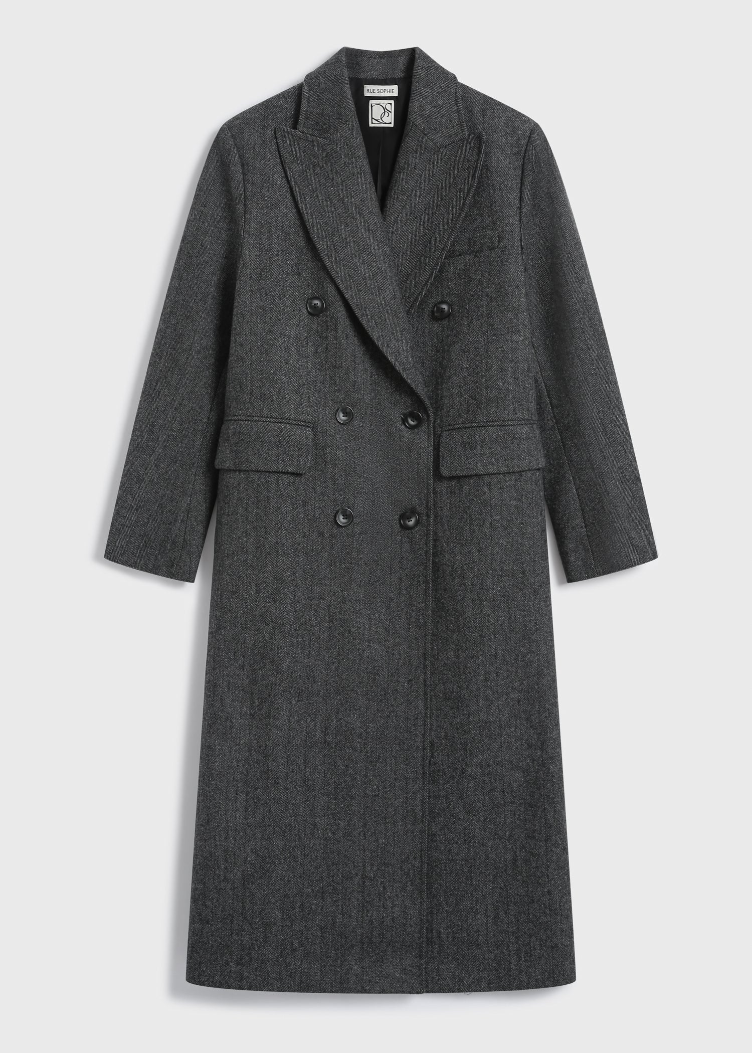 Léonard Herringbone Coat in dark grey wool, double-breasted with oversized lapel - Rue Sophie
