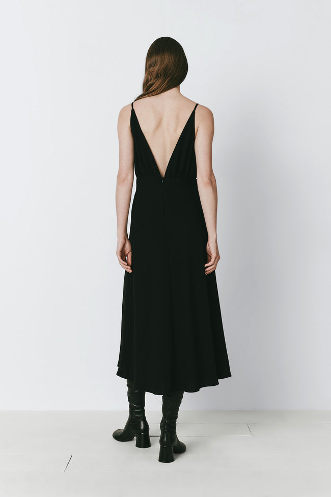 Black Liana Notch V-Neck Dress, polyester-spandex blend, back view, sleek silhouette