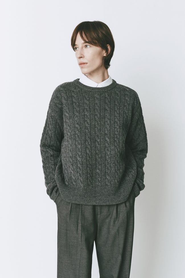 Cinder wool-cashmere cable knit sweater, perfect for fall, with a relaxed fit