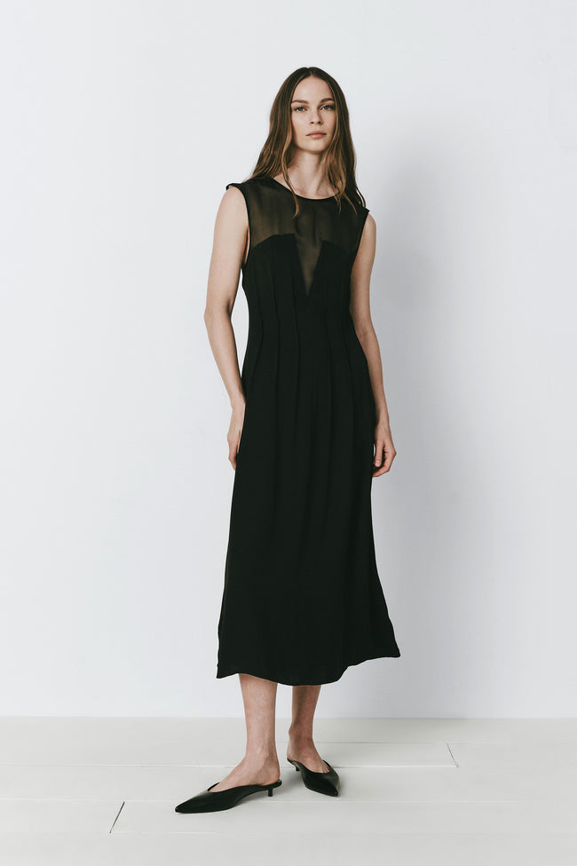 Manon Organza Mix Media Dress in black, featuring organza bodice detail and midi length