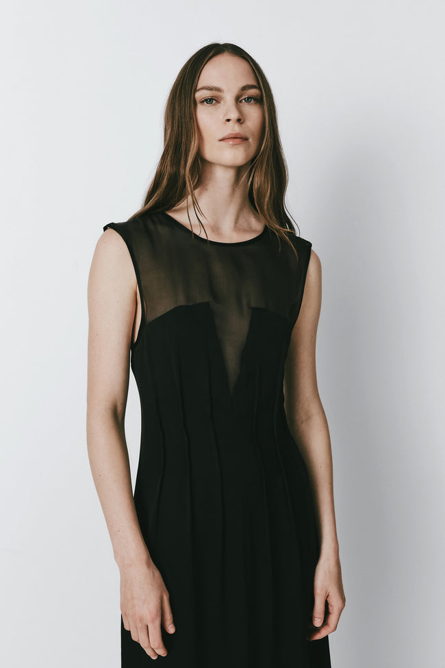 Manon Organza Mix Media Dress in black, featuring sleeveless design and organza bodice