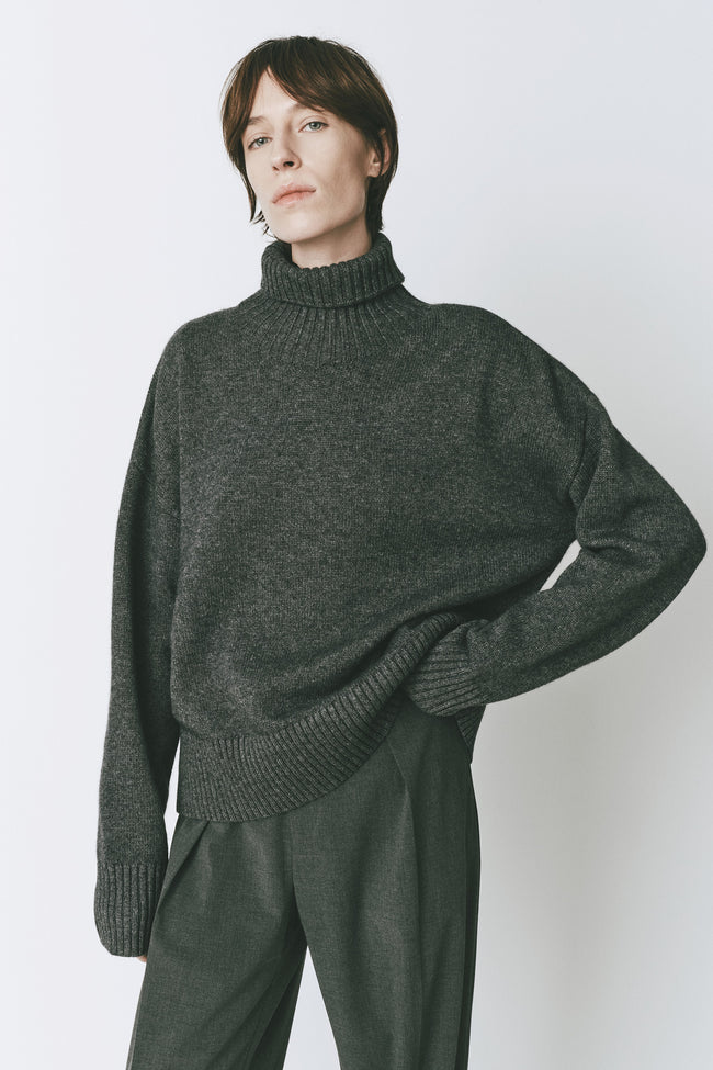 Marne Boxy Turtleneck Sweater in dark grey wool-cashmere blend, oversized fit for refined warmth.