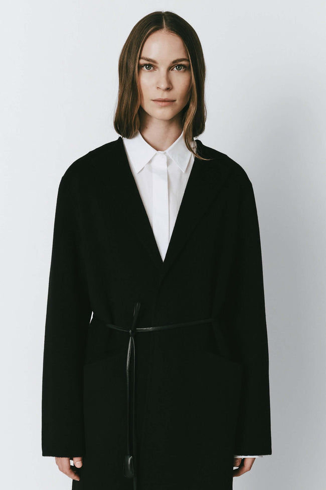 Mathé Belted Double-Faced Coat in black, oversized wool and cashmere coat with belt